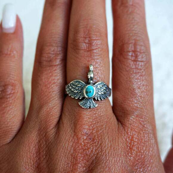 Boho Chic Native American Guardian Hawk Turquoise Ring: Size 7, 8,10, Gift Box - Picture 1 of 12